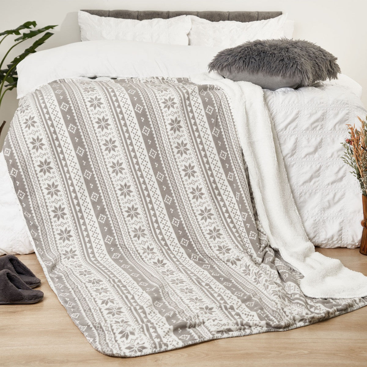Christmas Nordic Print Sherpa Throw – Grey/White