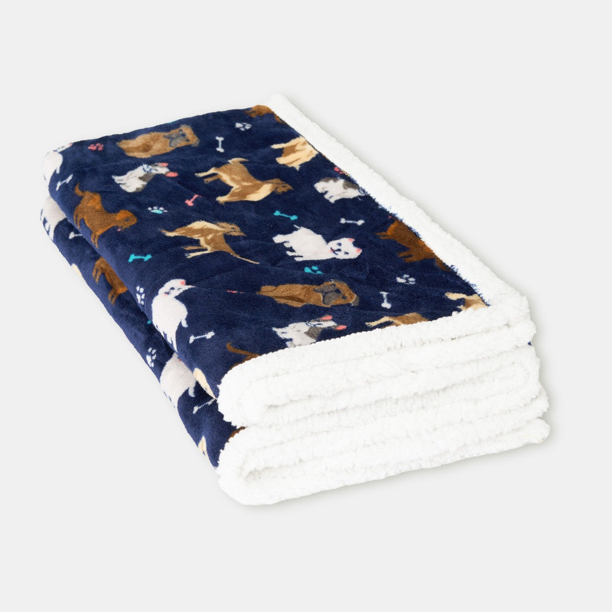 Pet Dog Print Sherpa Reverse Throw – Navy