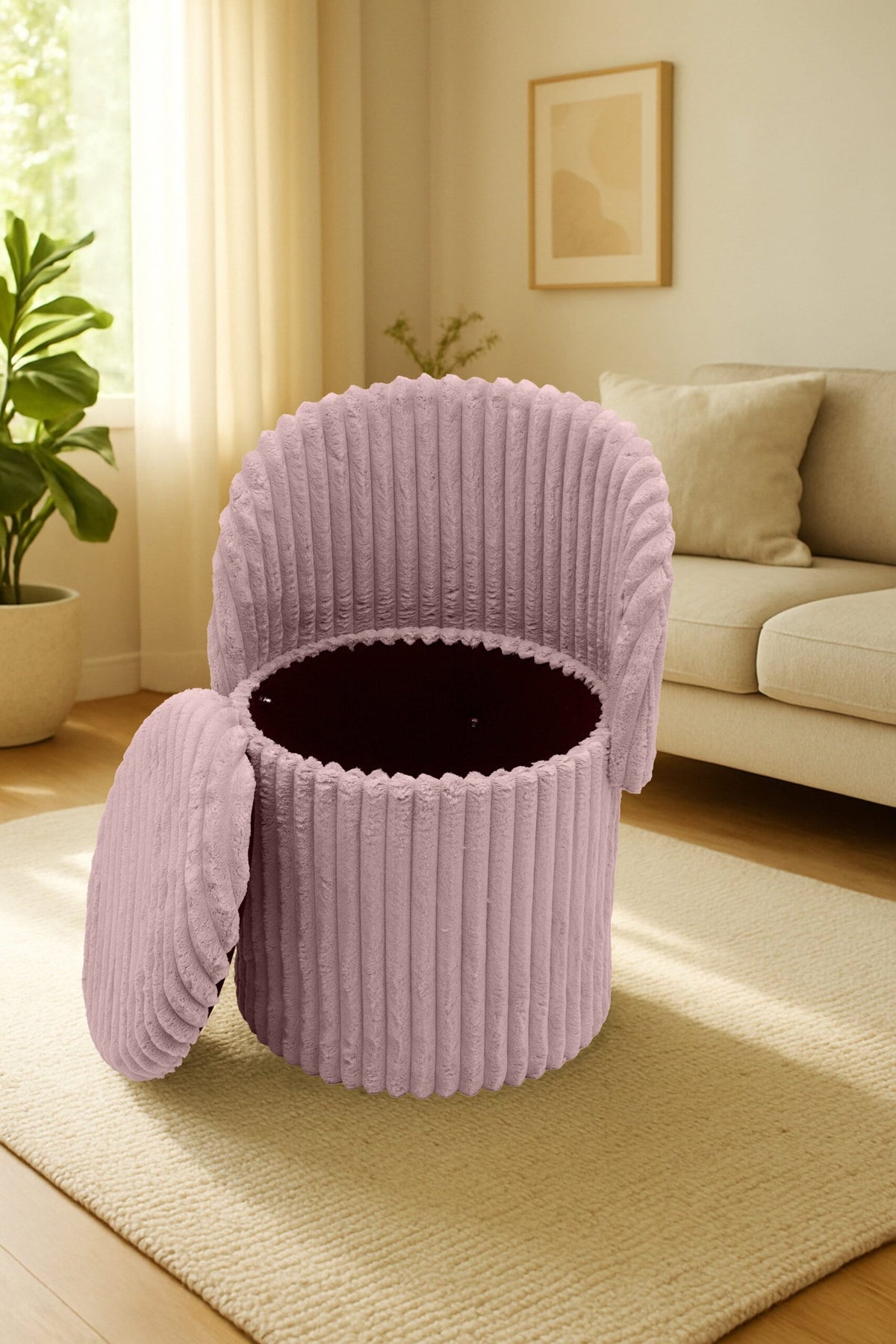 Modern Ribbed Velvet Harp Storage Stool – Pink