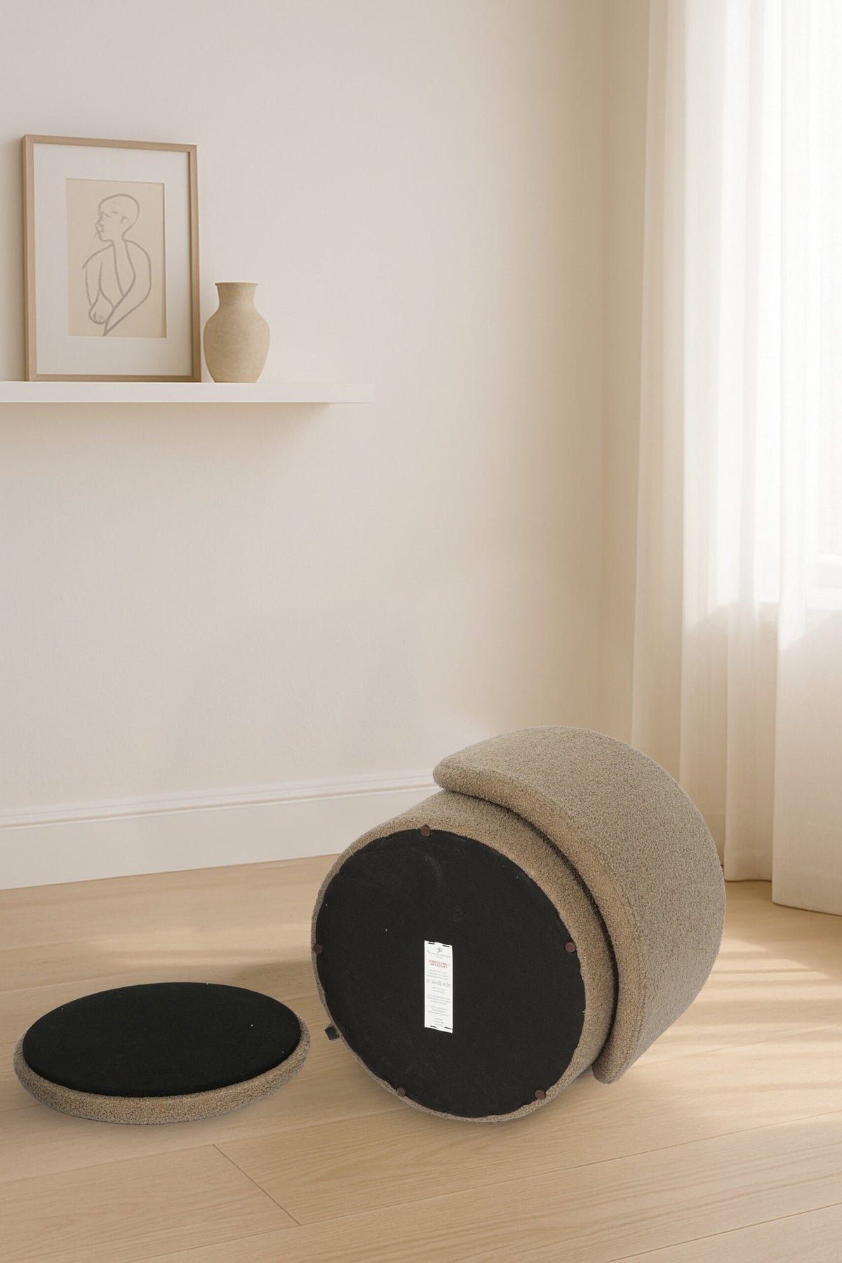 Modern Boucle Storage Stool – Dark Natural