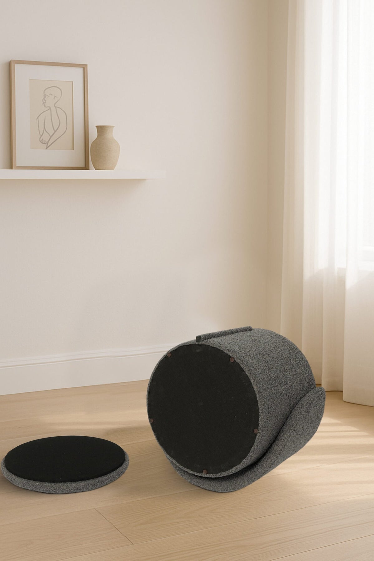Modern Boucle Storage Stool – Charcoal