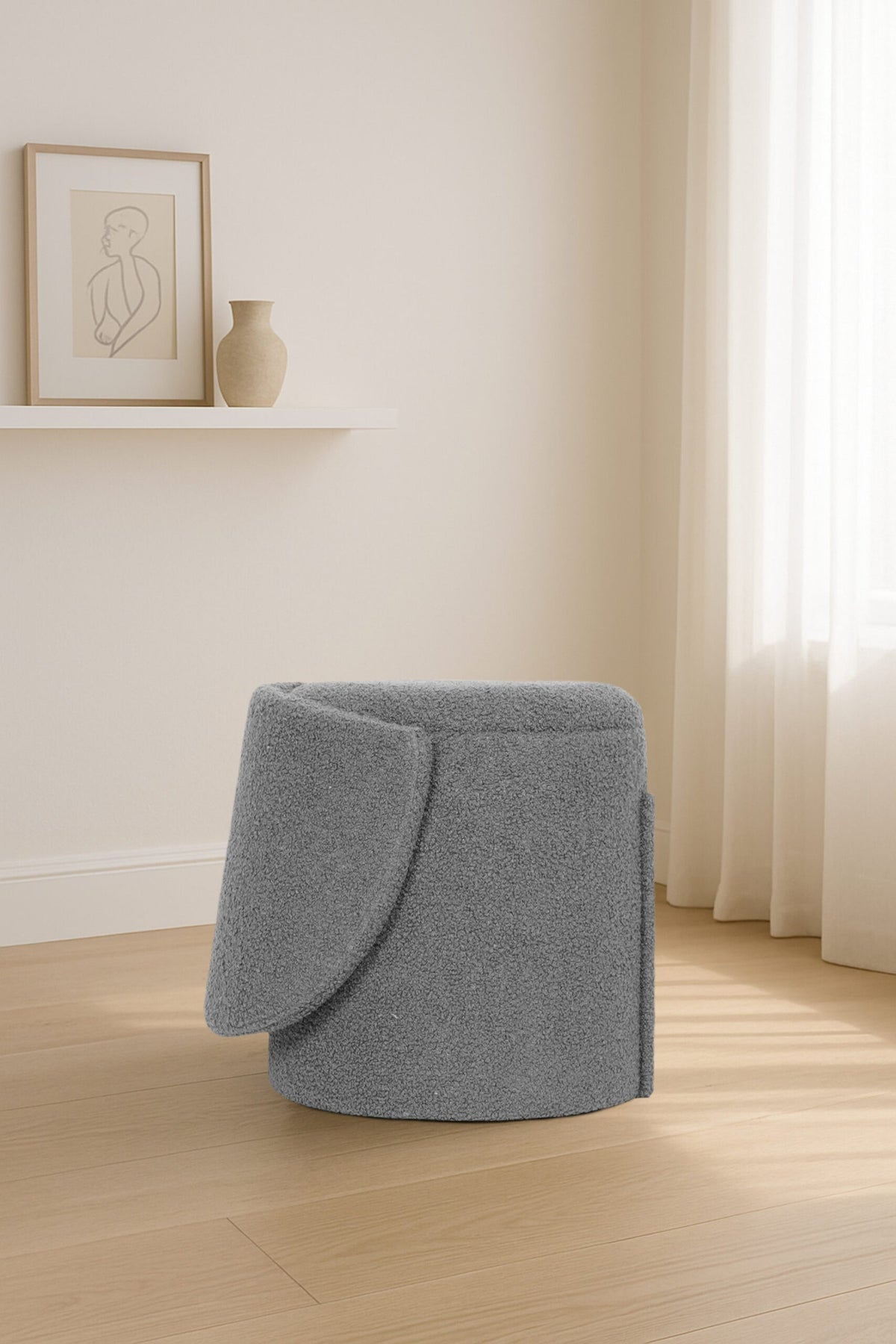 Modern Boucle Storage Stool – Grey
