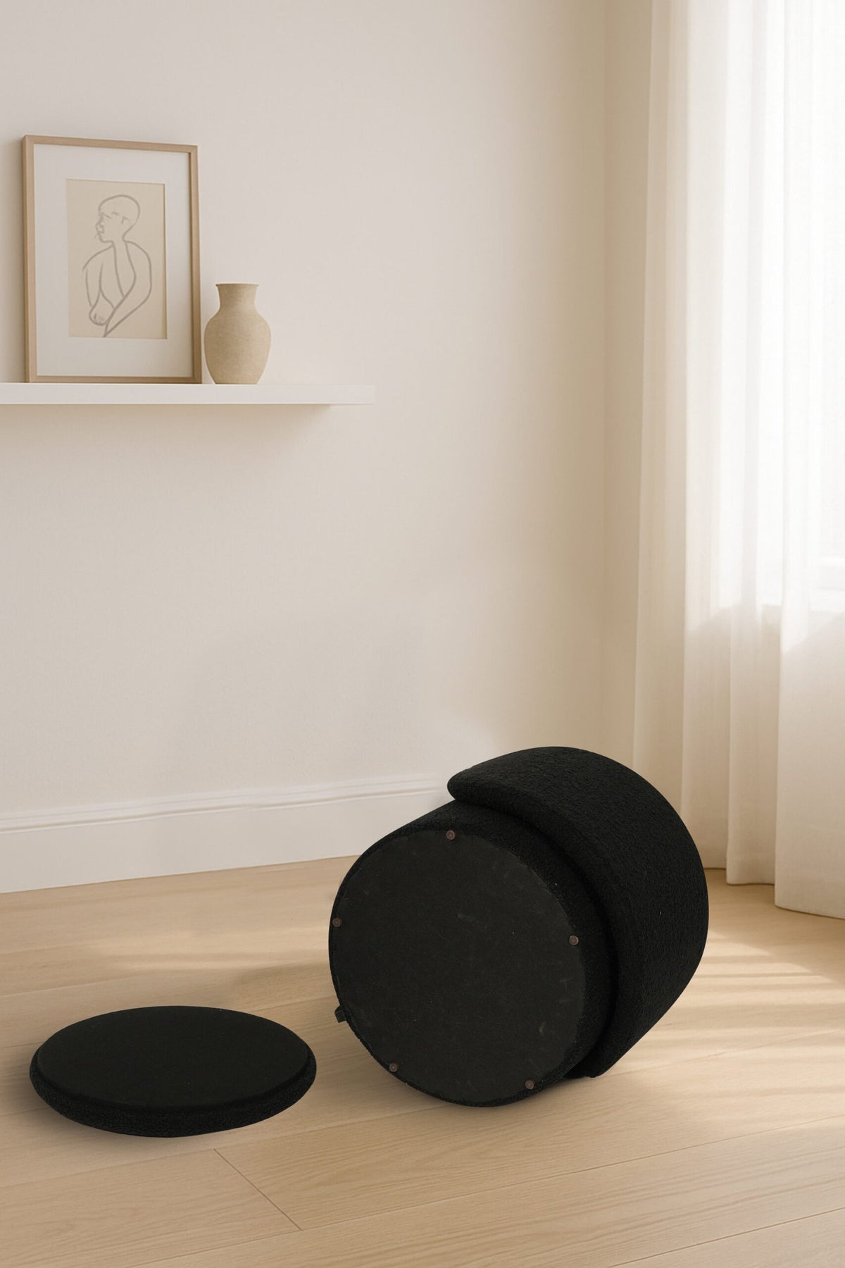 Modern Boucle Storage Stool – Black