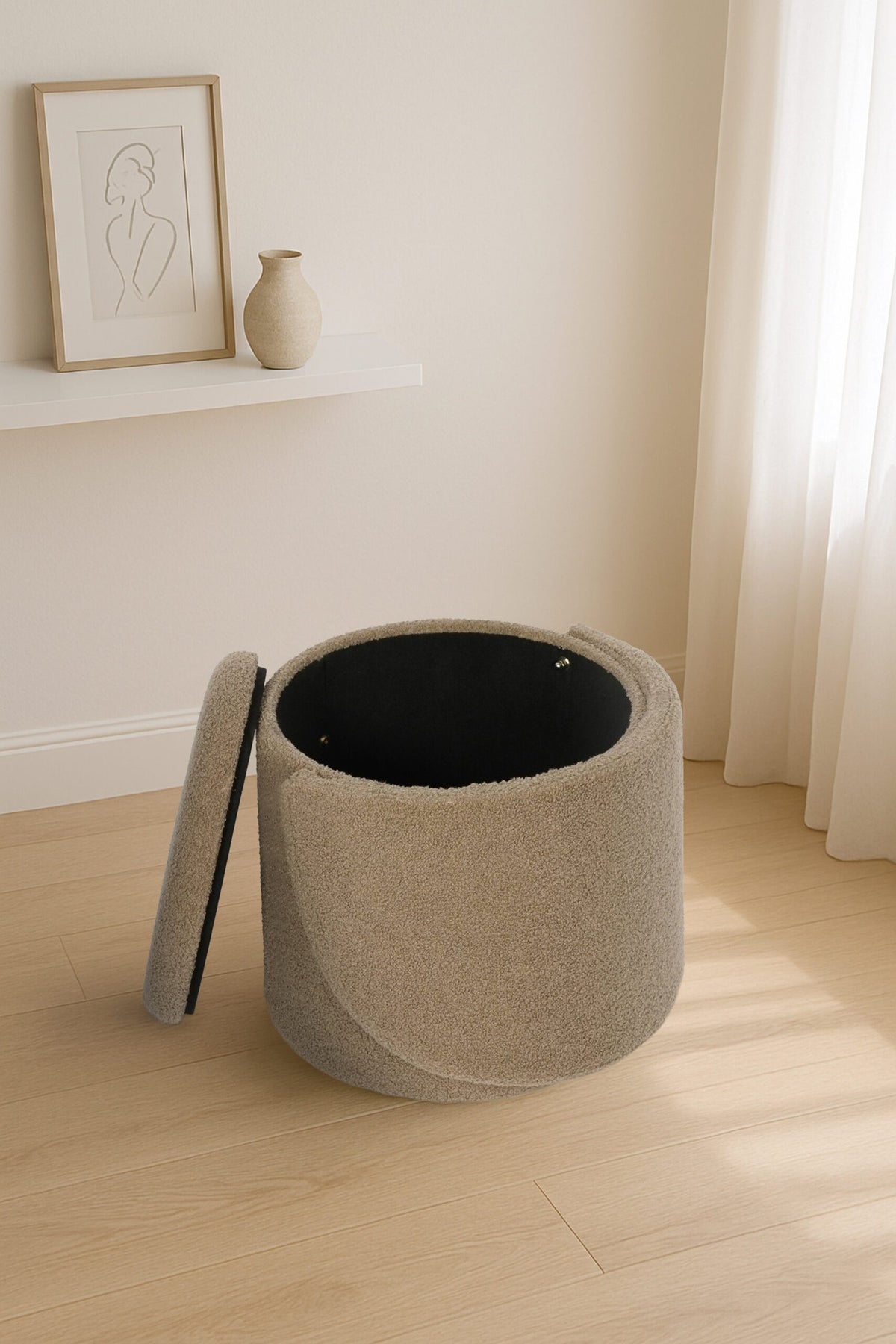 Modern Boucle Storage Stool – Dark Natural