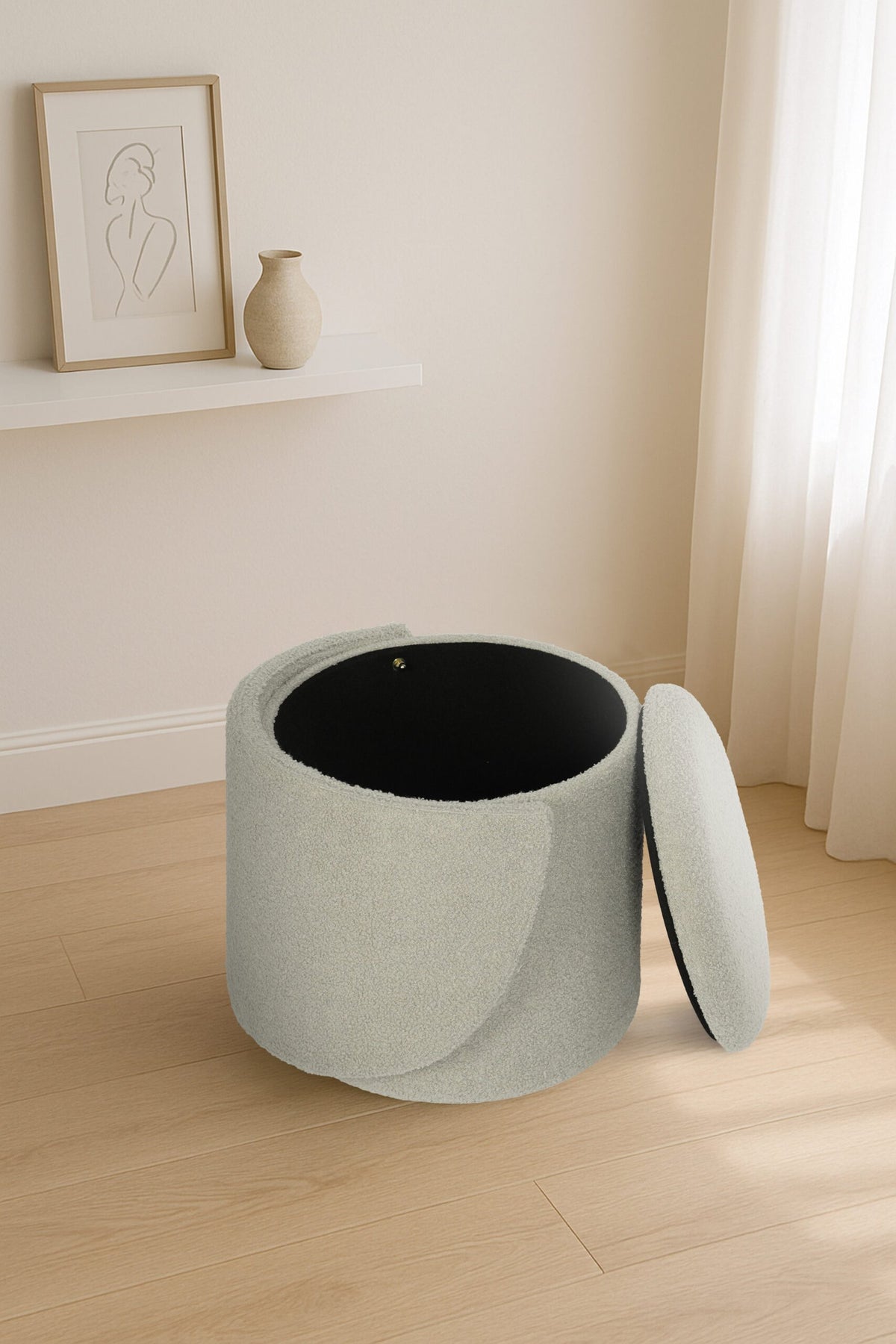 Modern Boucle Storage Stool – Off White