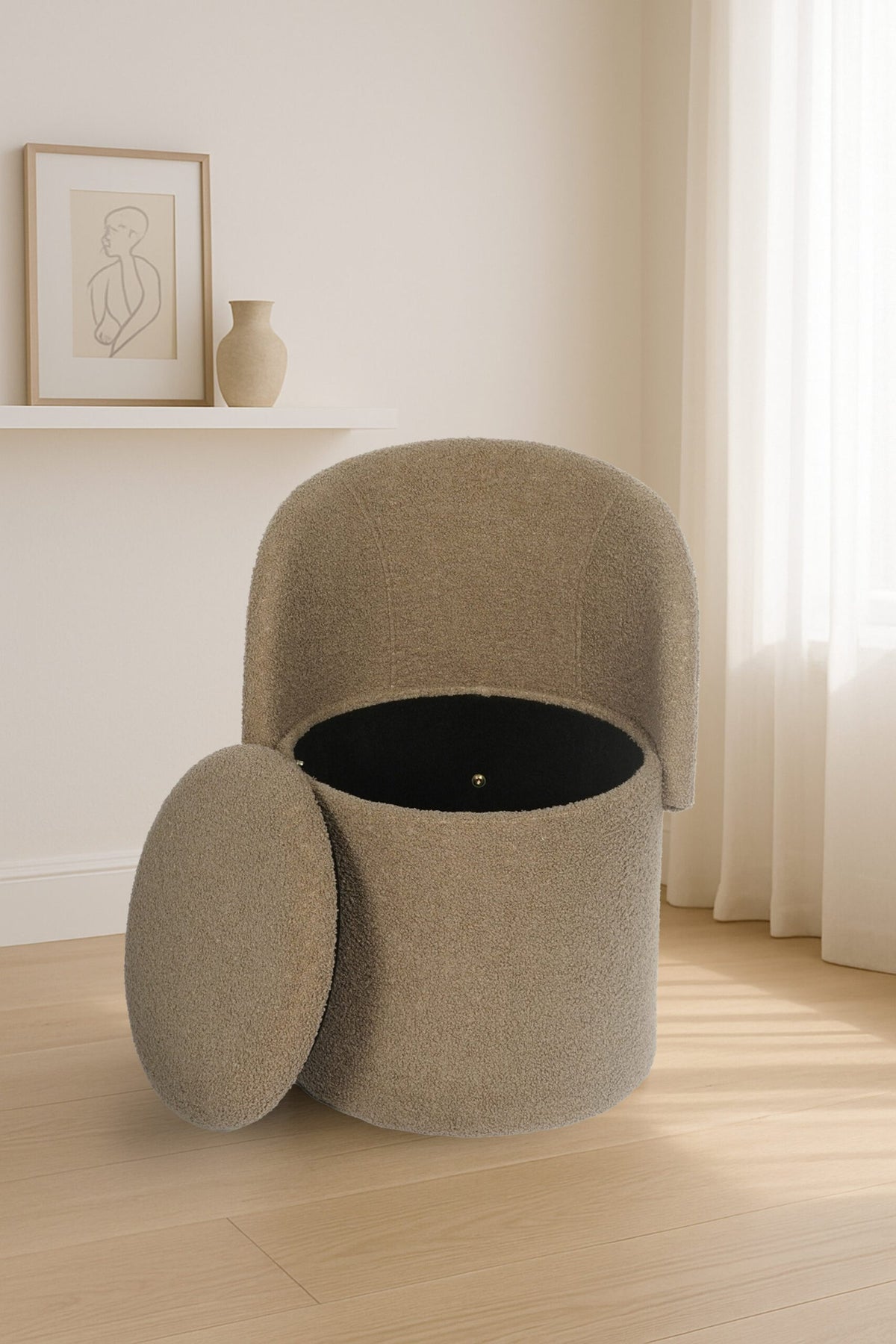 Modern Boucle Storage Stool – Dark Natural