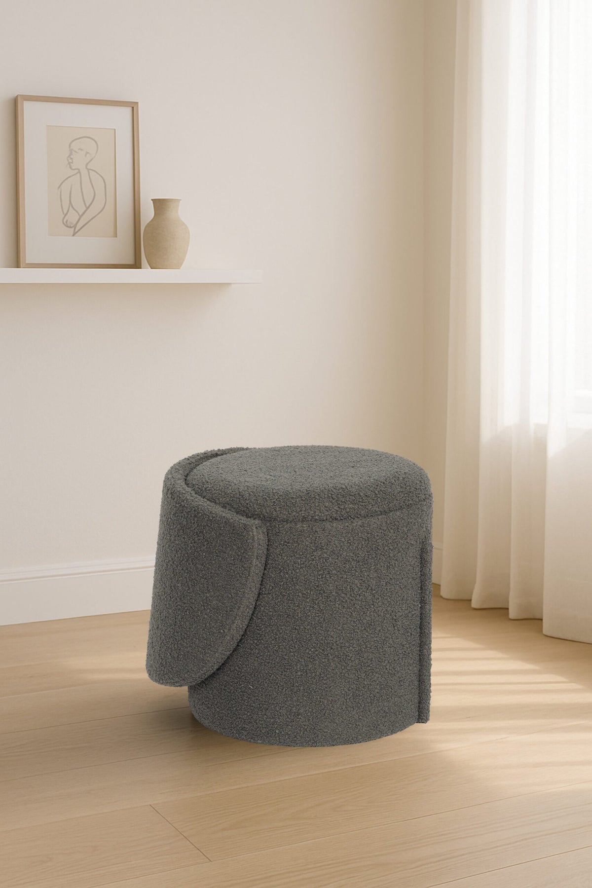 Modern Boucle Storage Stool – Charcoal