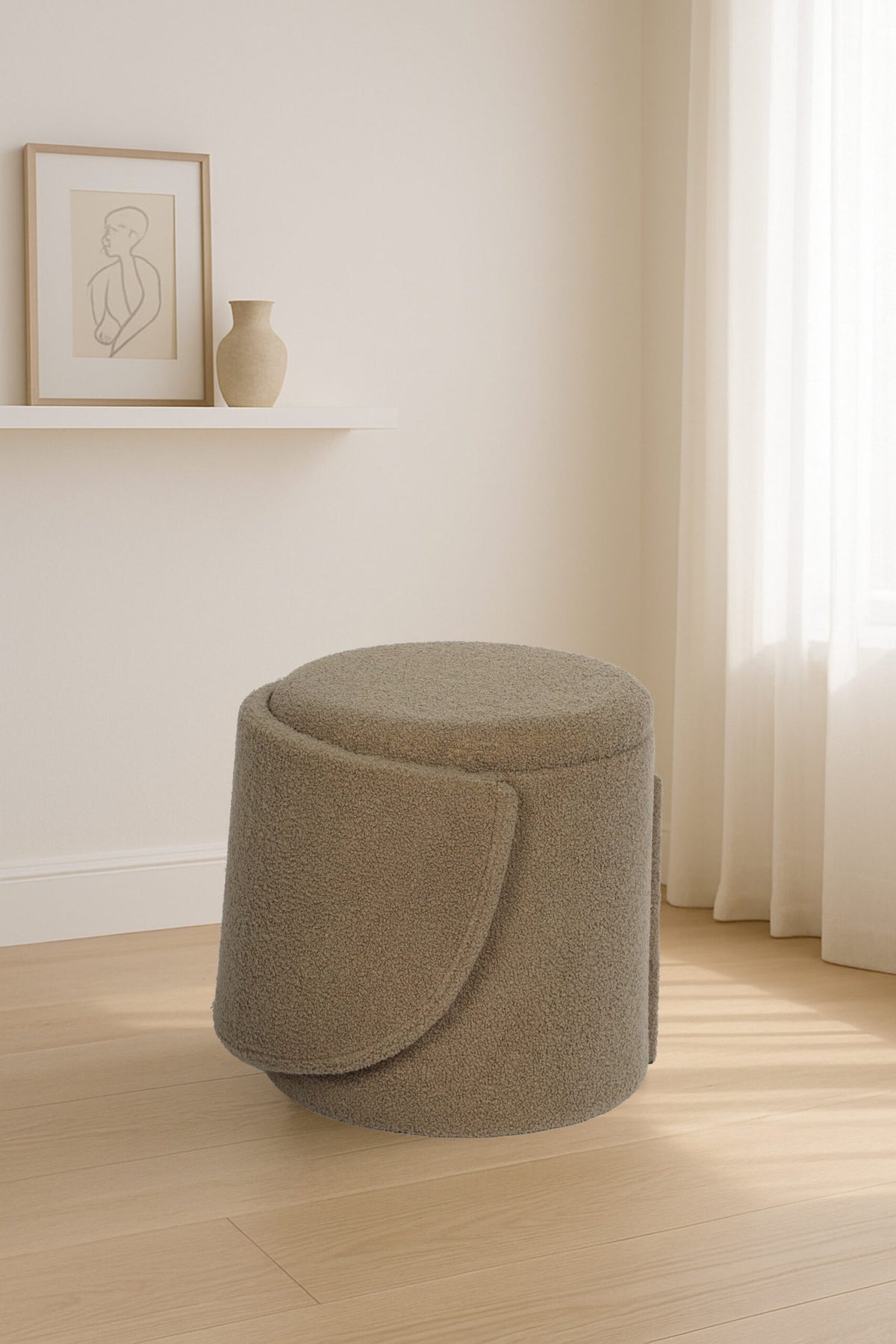 Modern Boucle Storage Stool – Dark Natural