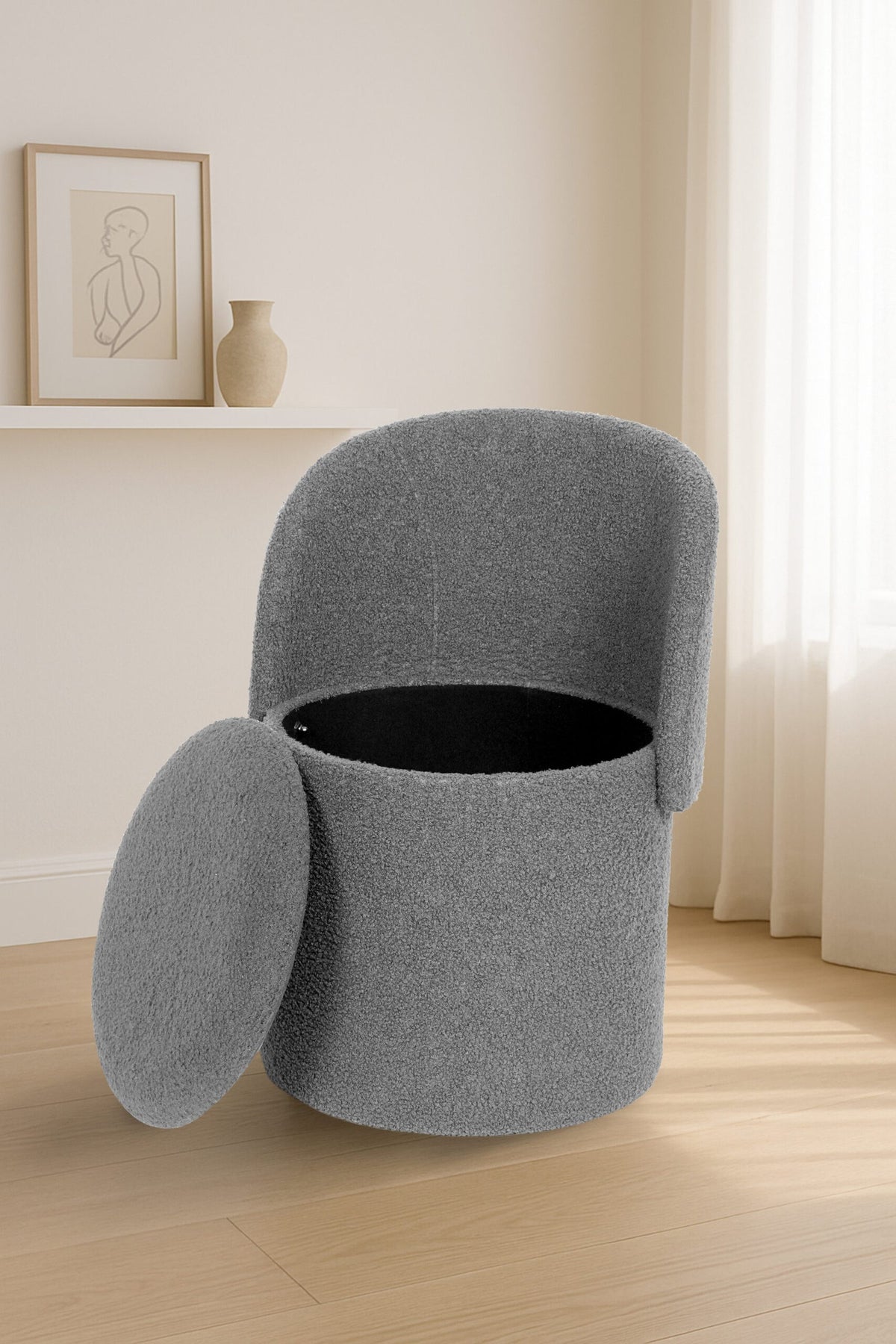 Modern Boucle Storage Stool – Grey