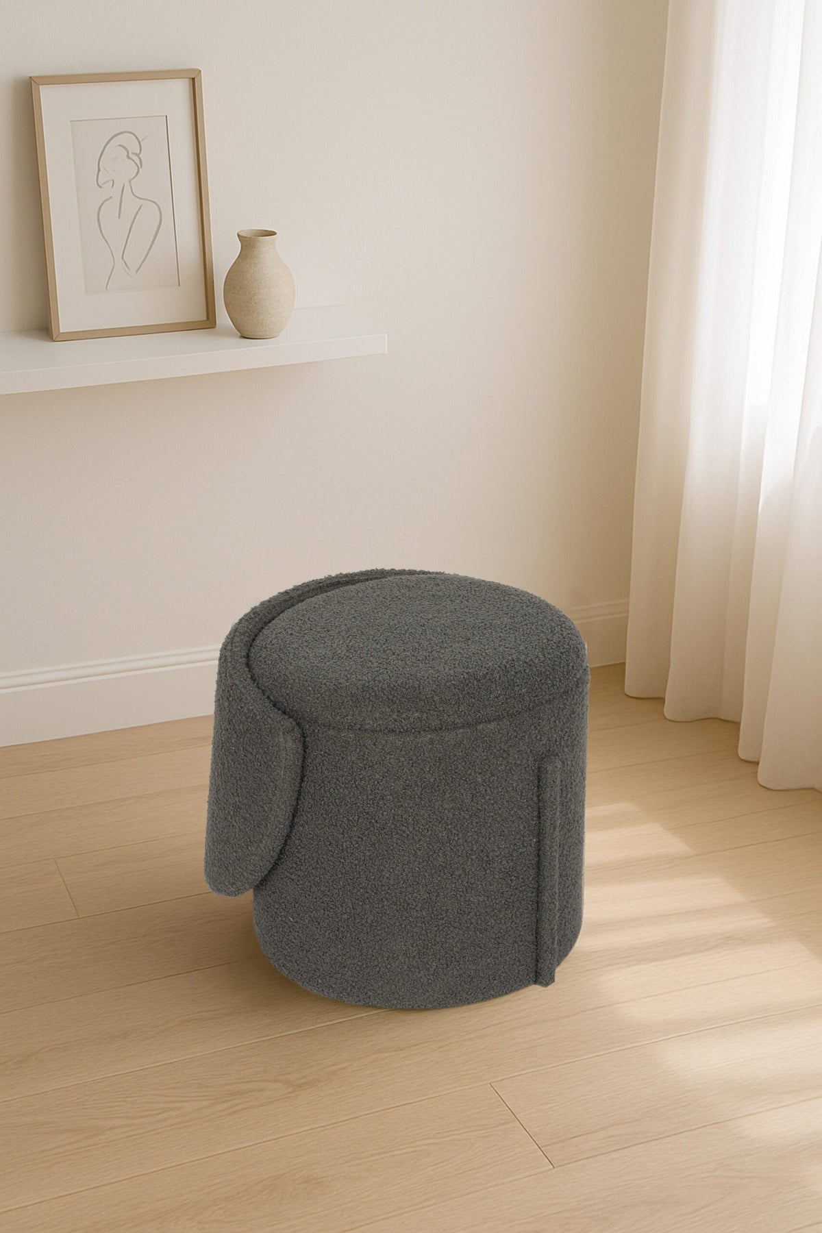 Modern Boucle Storage Stool – Charcoal
