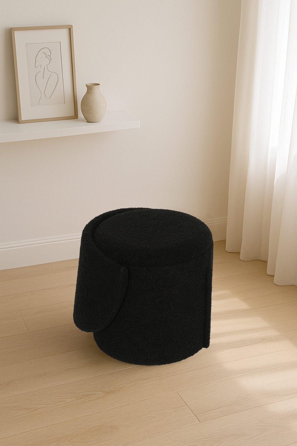 Modern Boucle Storage Stool – Black