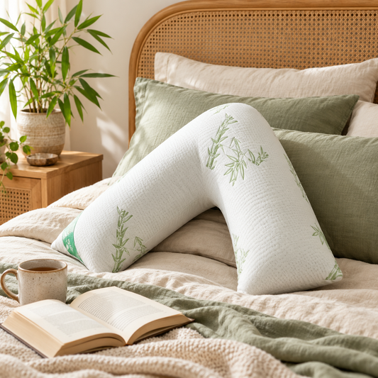 White bamboo memory foam V-shaped pillow propped against a rattan headboard on a bed