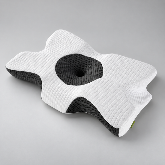 White and grey contoured cervical memory foam pillow with central head cradle on a grey background