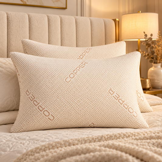 Two white and copper memory foam pillows on a cream bed with a padded headboard and warm lamp light