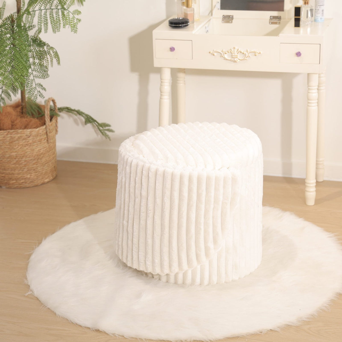 Modern Ribbed Velvet Harp Storage Stool – Cream