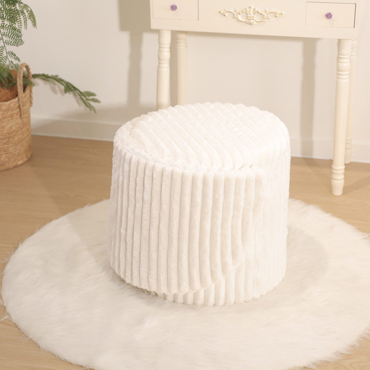 Modern Ribbed Velvet Harp Storage Stool – Cream