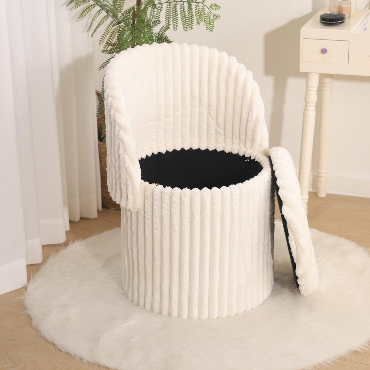 Modern Ribbed Velvet Harp Storage Stool – Cream
