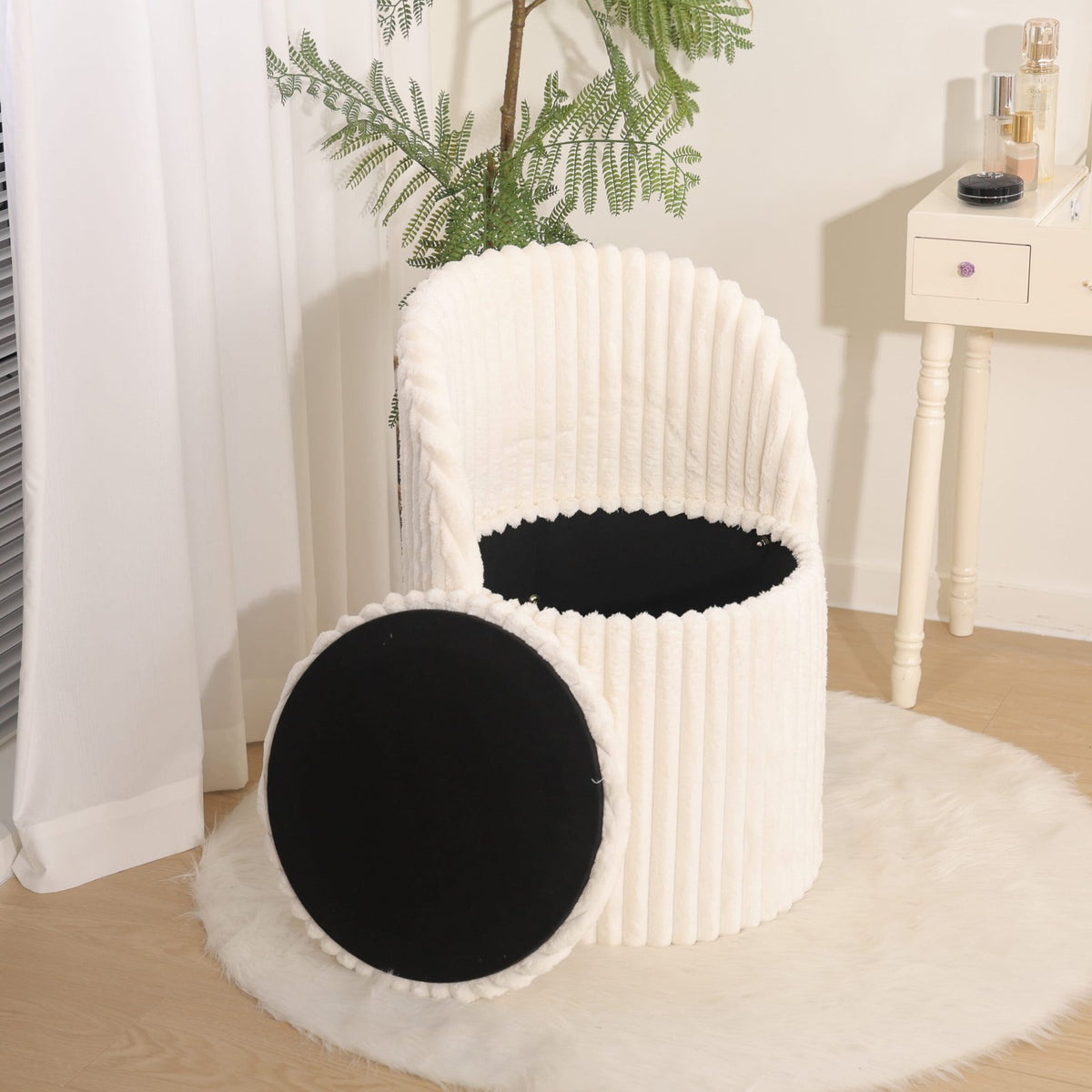 Modern Ribbed Velvet Harp Storage Stool – Cream