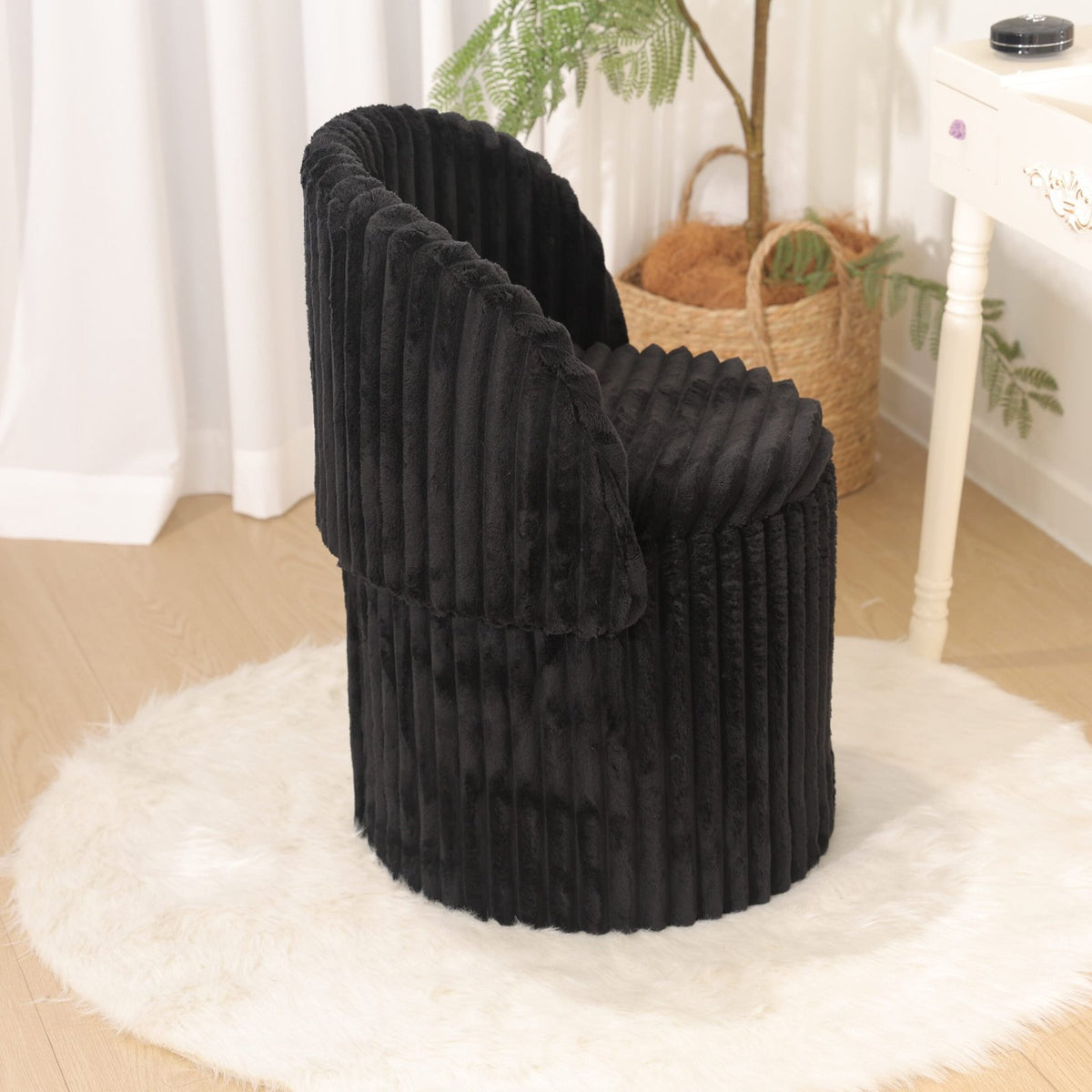 Modern Ribbed Velvet Harp Storage Stool – Black
