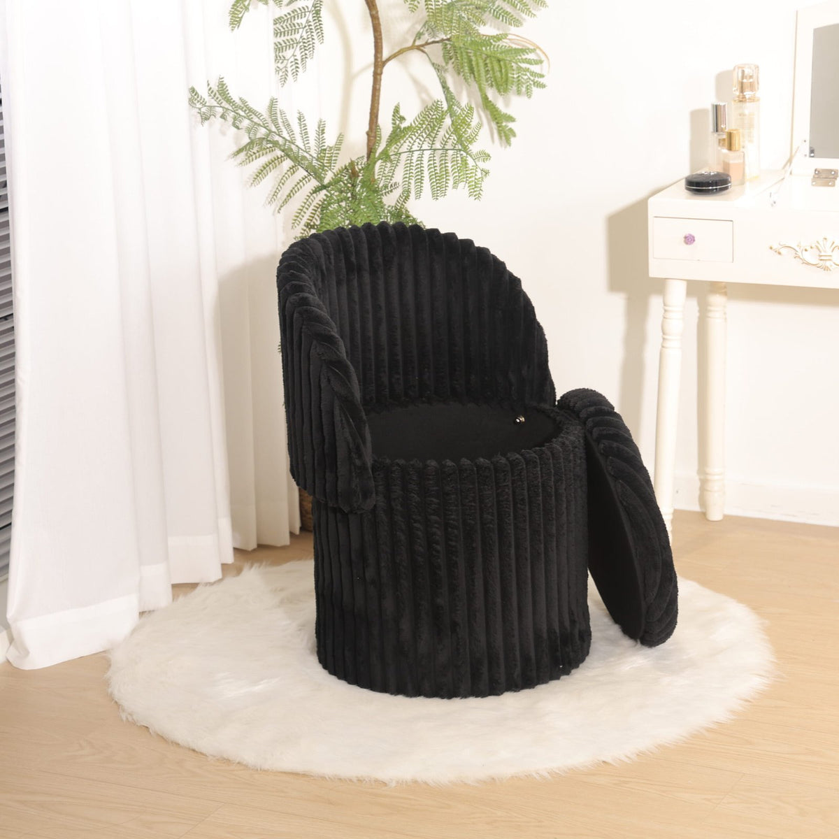Modern Ribbed Velvet Harp Storage Stool – Black