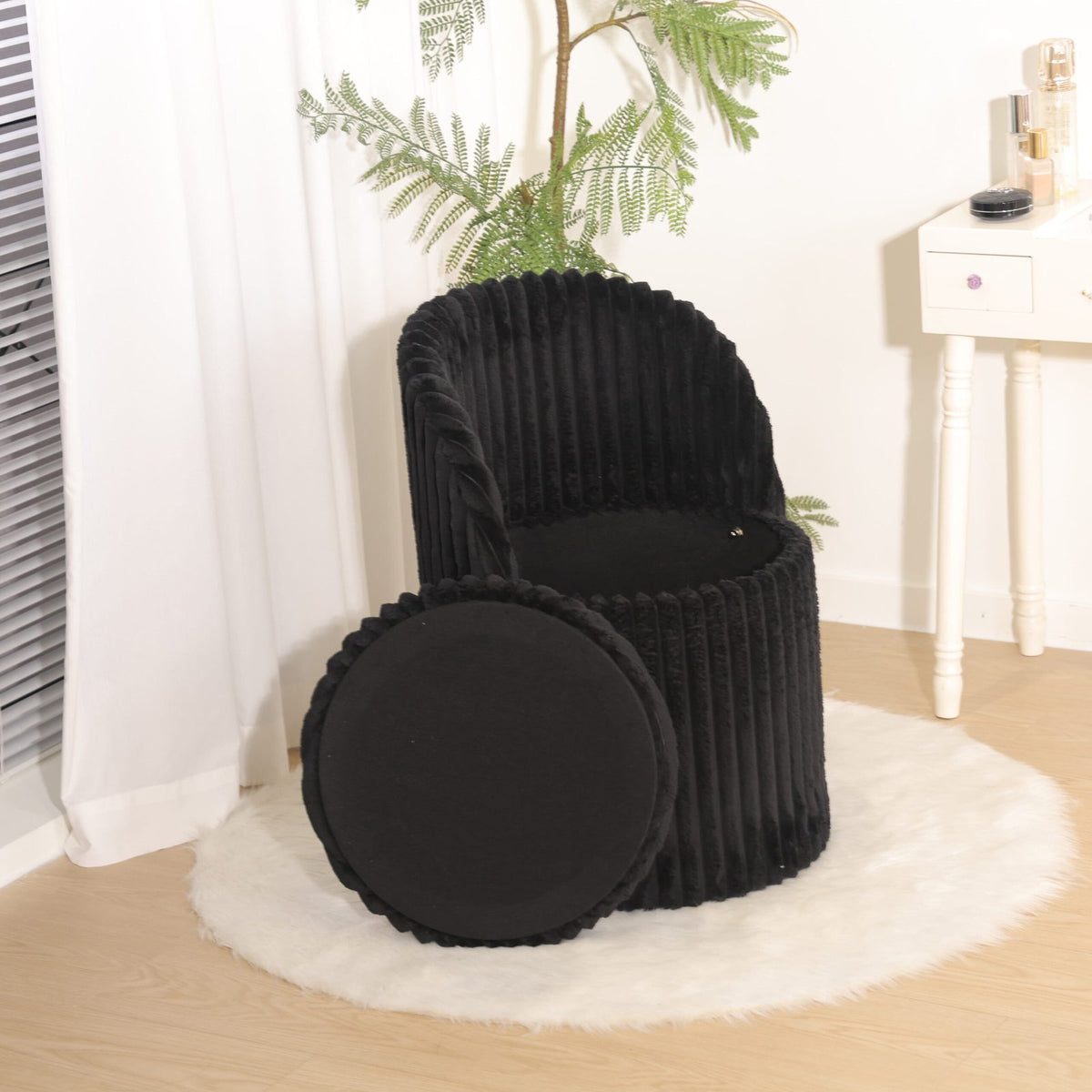 Modern Ribbed Velvet Harp Storage Stool – Black