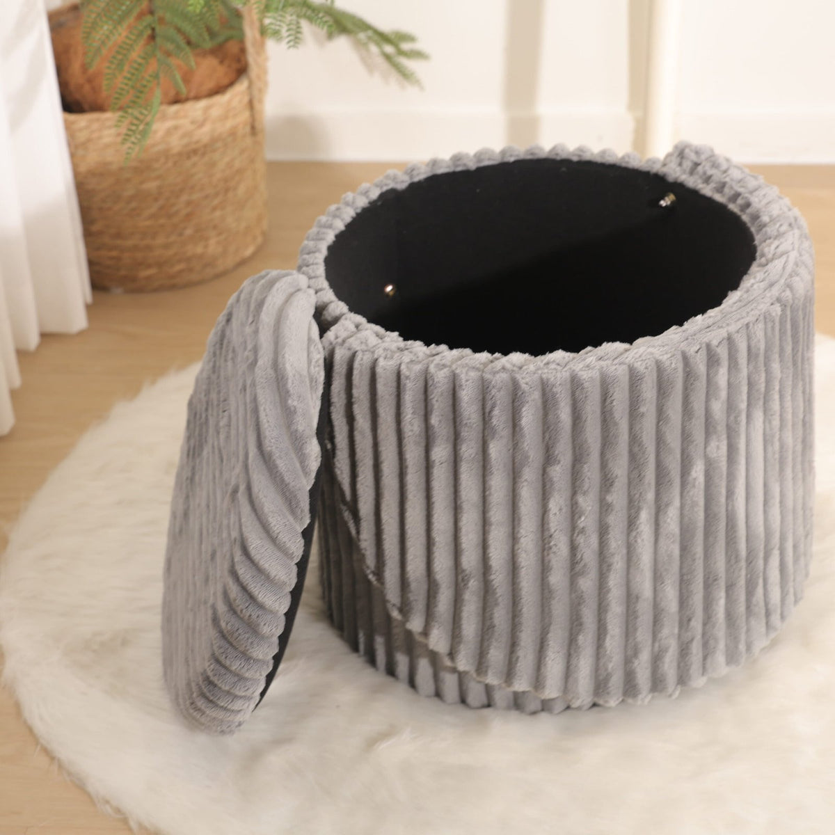 Modern Ribbed Velvet Harp Storage Stool – Grey