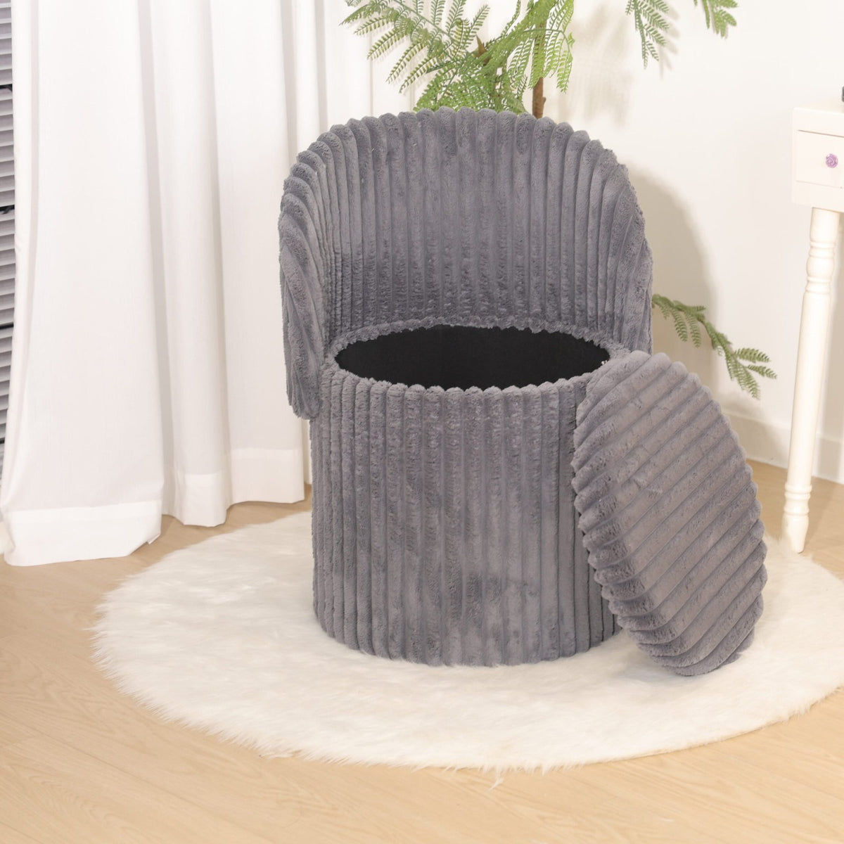 Modern Ribbed Velvet Harp Storage Stool – Charcoal