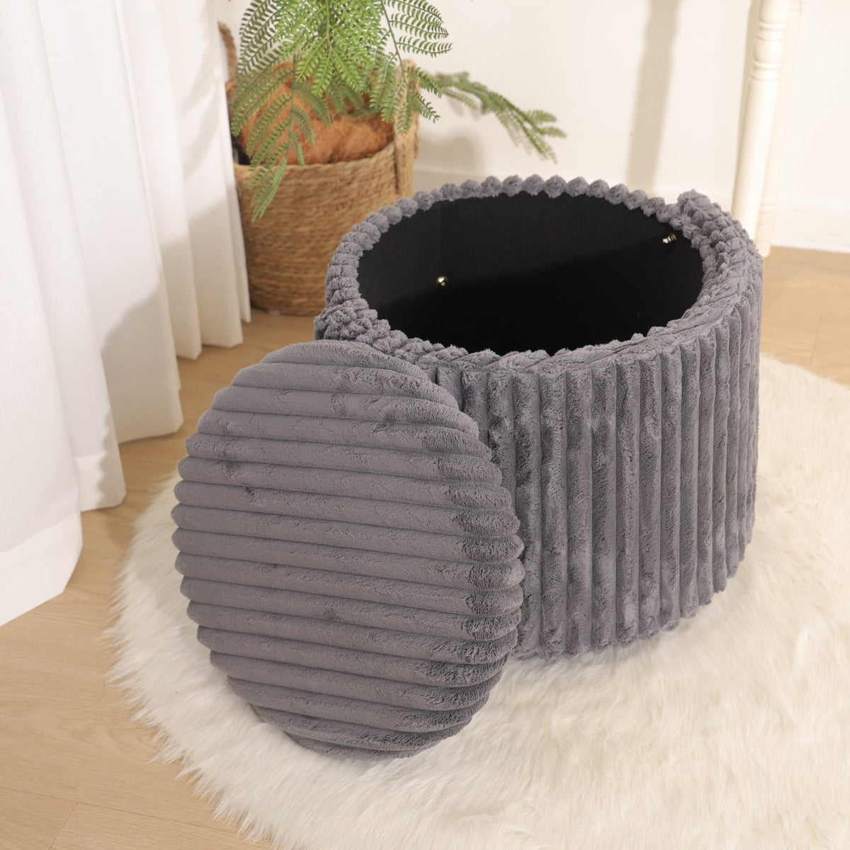 Modern Ribbed Velvet Harp Storage Stool – Charcoal
