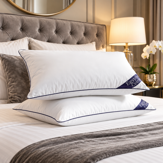 Two white Egyptian cotton pillows with navy piping stacked on a hotel-style bed with grey velvet headboard