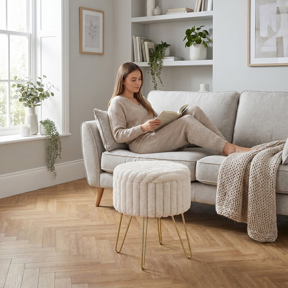 Elegant Ribbed Storage Stool With Hairpin Legs – Mink