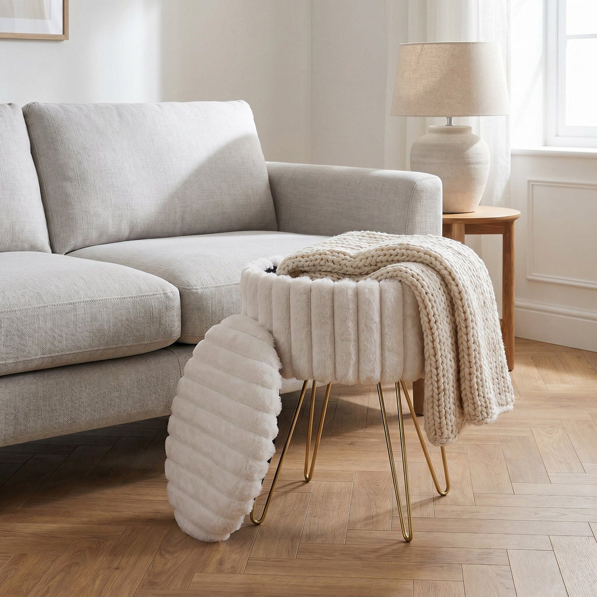 Elegant Ribbed Storage Stool With Hairpin Legs – Mink