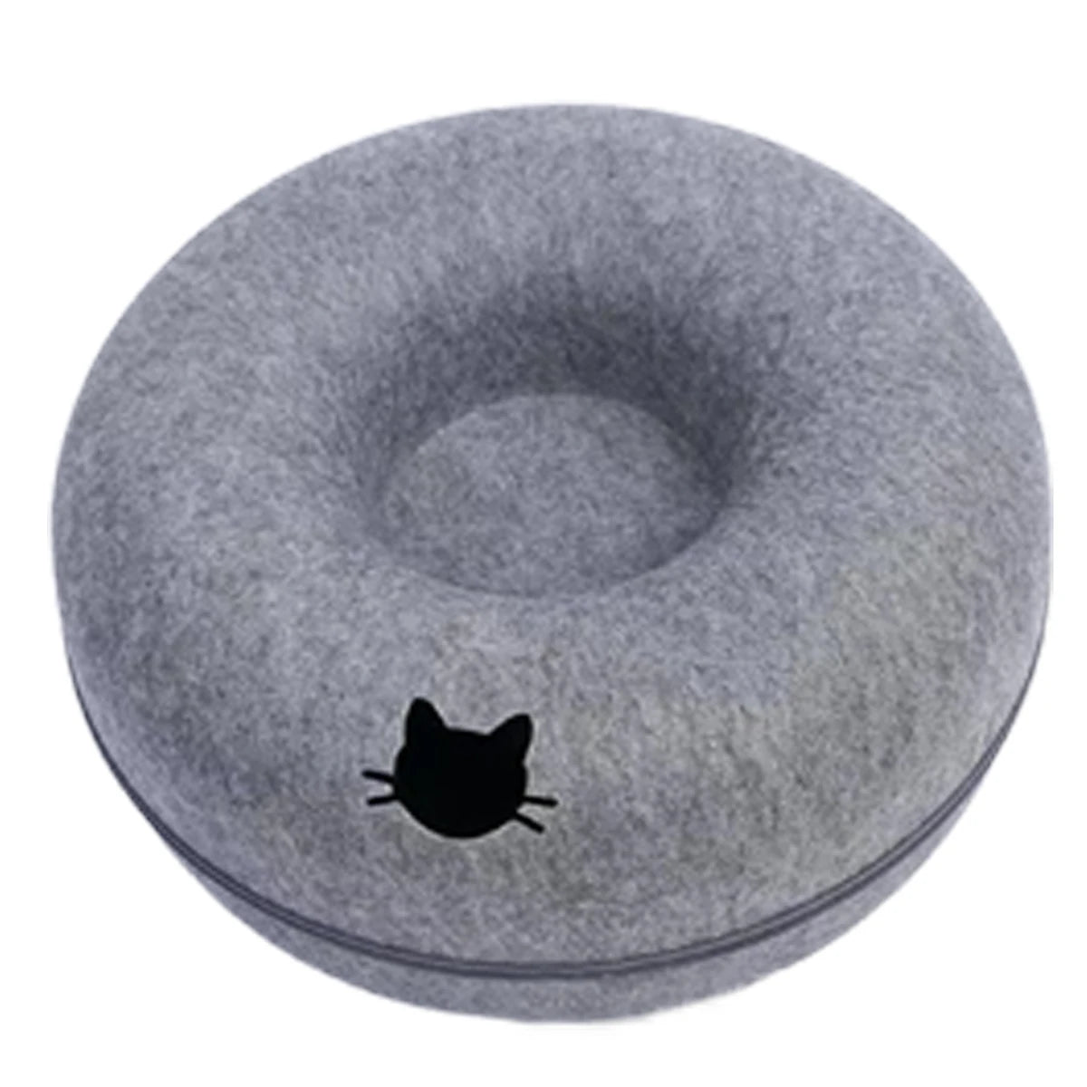 Felt Cat Donut Tunnel Bed - Dark Grey with Cat Window / Large (60cm)