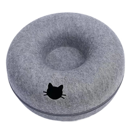 Felt Cat Donut Tunnel Bed - Dark Grey with Cat Window / Large (60cm)