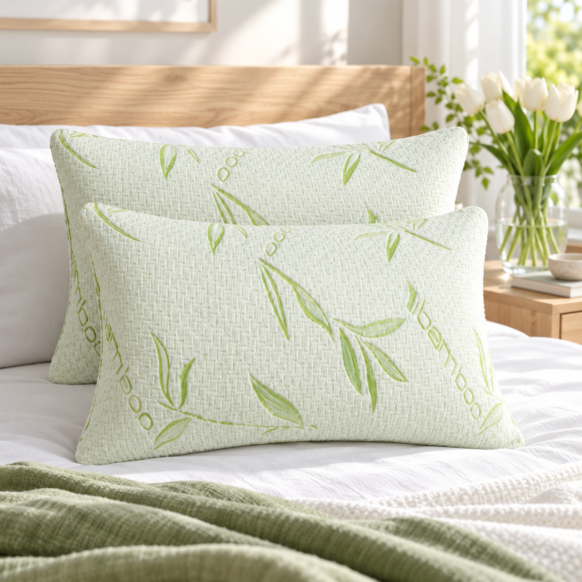 Two bamboo memory foam pillows with green leaf pattern on a white bed in a bright bedroom
