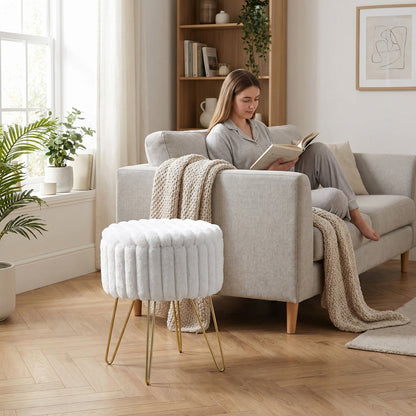 Elegant Ribbed Storage Stool With Hairpin Legs – Cream