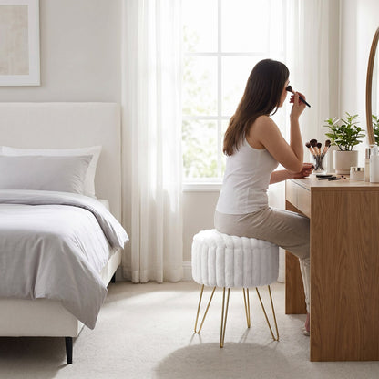 Elegant Ribbed Storage Stool With Hairpin Legs – Cream