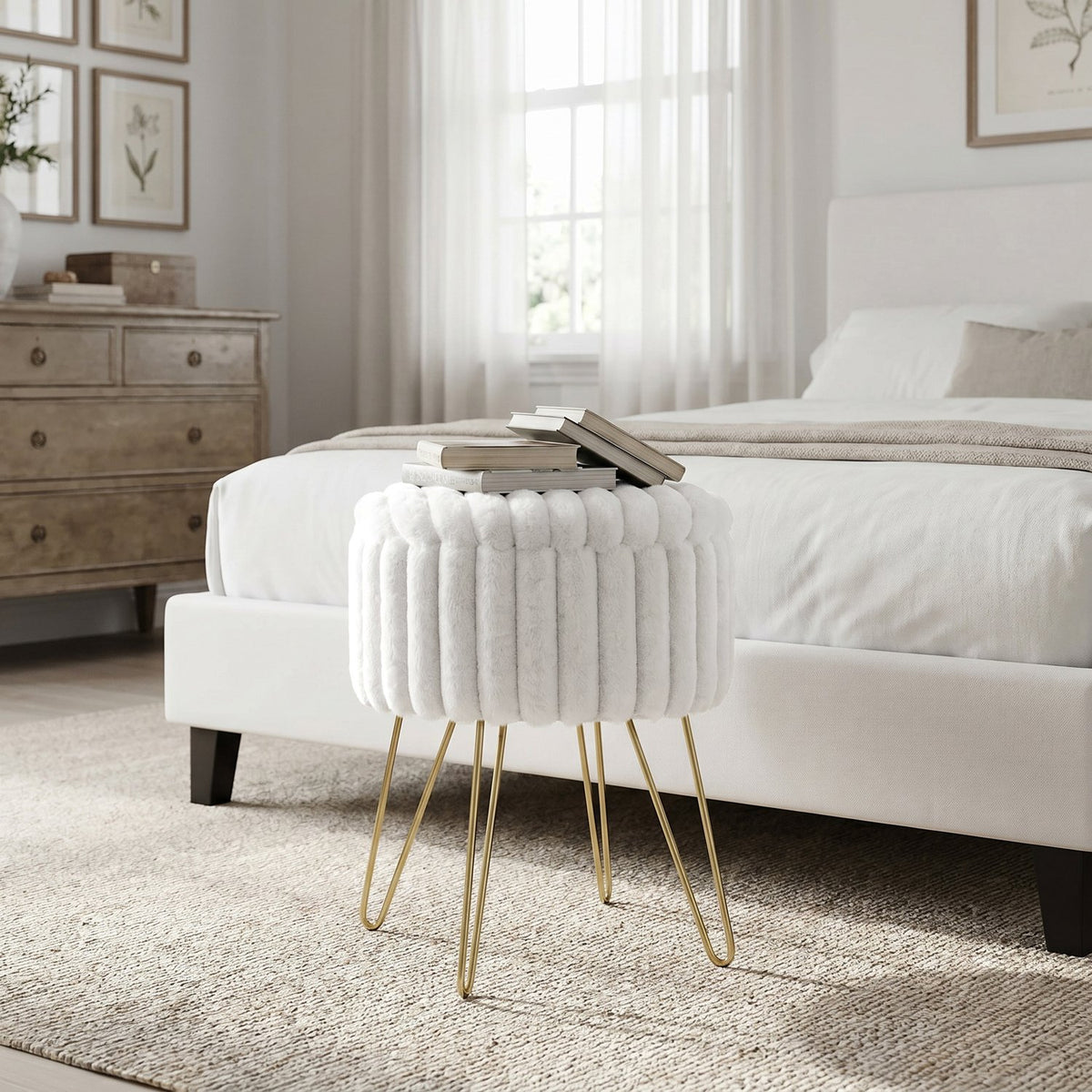 Elegant Ribbed Storage Stool With Hairpin Legs – Cream