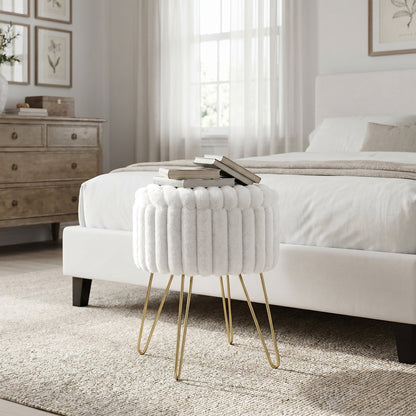 Elegant Ribbed Storage Stool With Hairpin Legs – Cream
