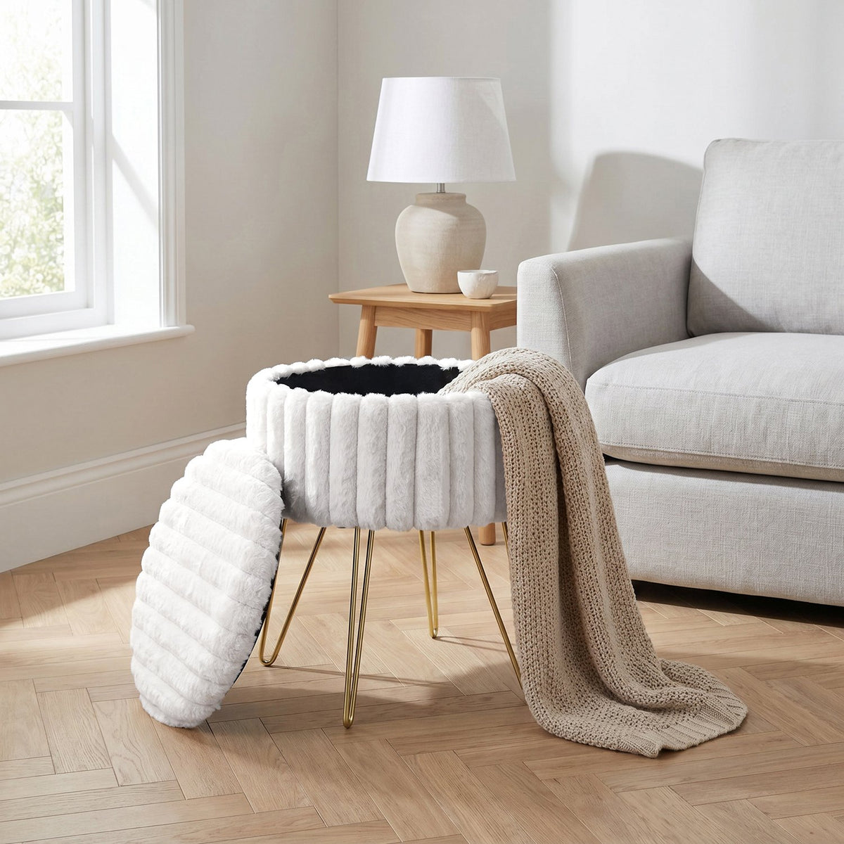 Elegant Ribbed Storage Stool With Hairpin Legs – Cream