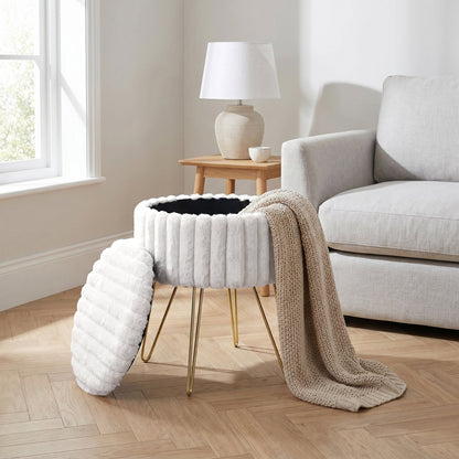 Elegant Ribbed Storage Stool With Hairpin Legs – Cream