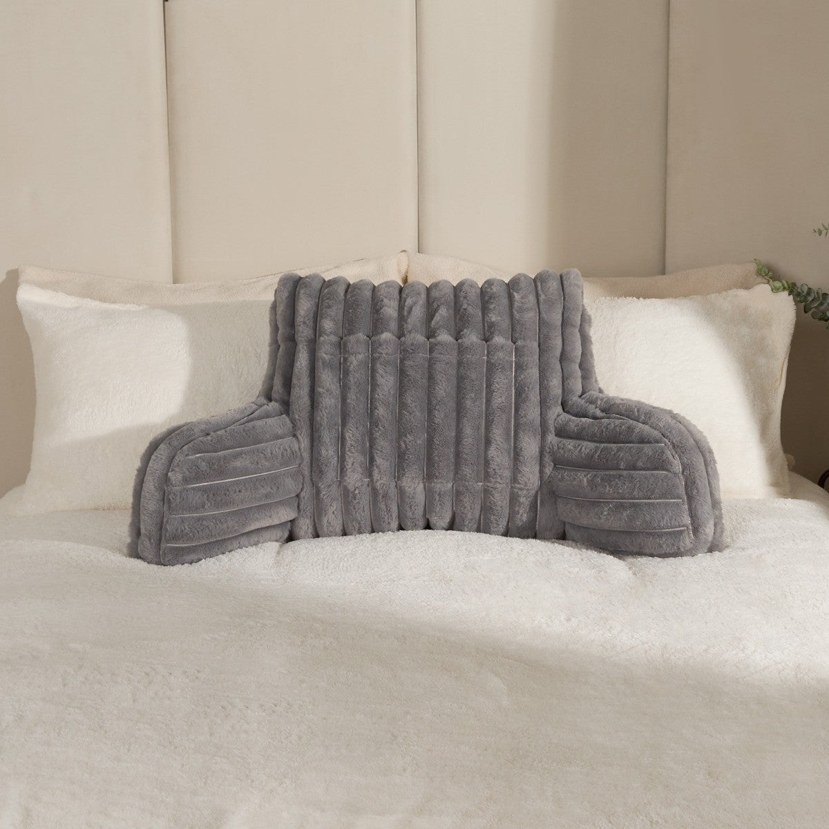 Ribbed Faux Fur Cuddle Cushion with Heatable Pocket – Grey