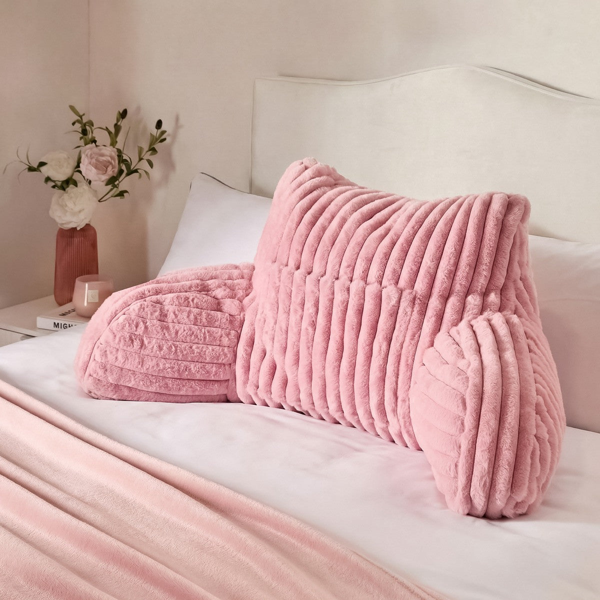Ribbed Faux Fur Cuddle Cushion with Heatable Pocket – Blush