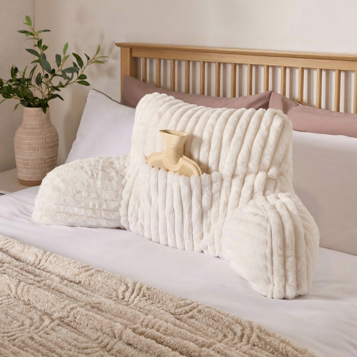 Ribbed Faux Fur Cuddle Cushion with Heatable Pocket – Cream