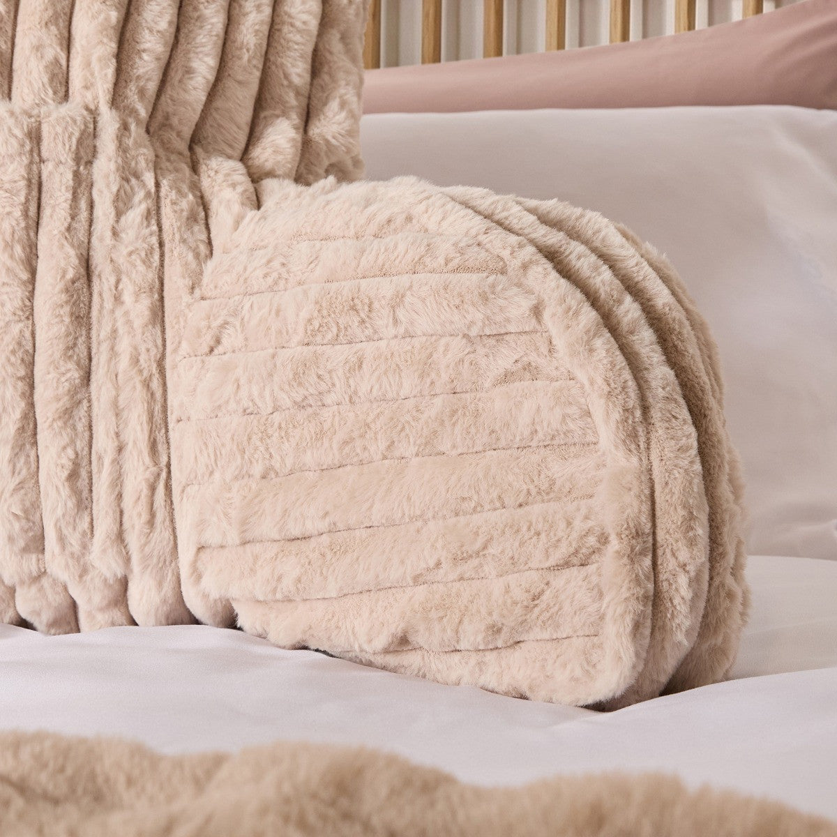 Ribbed Faux Fur Cuddle Cushion with Heatable Pocket – Stone