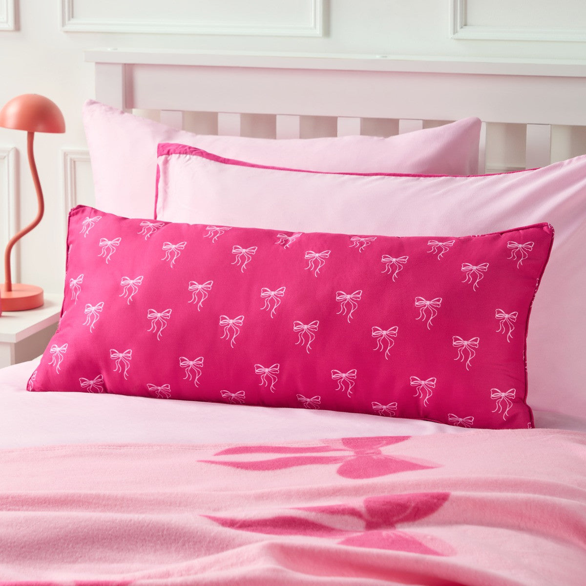 Kids Bow Print Bolster Pillow – Hot Pink