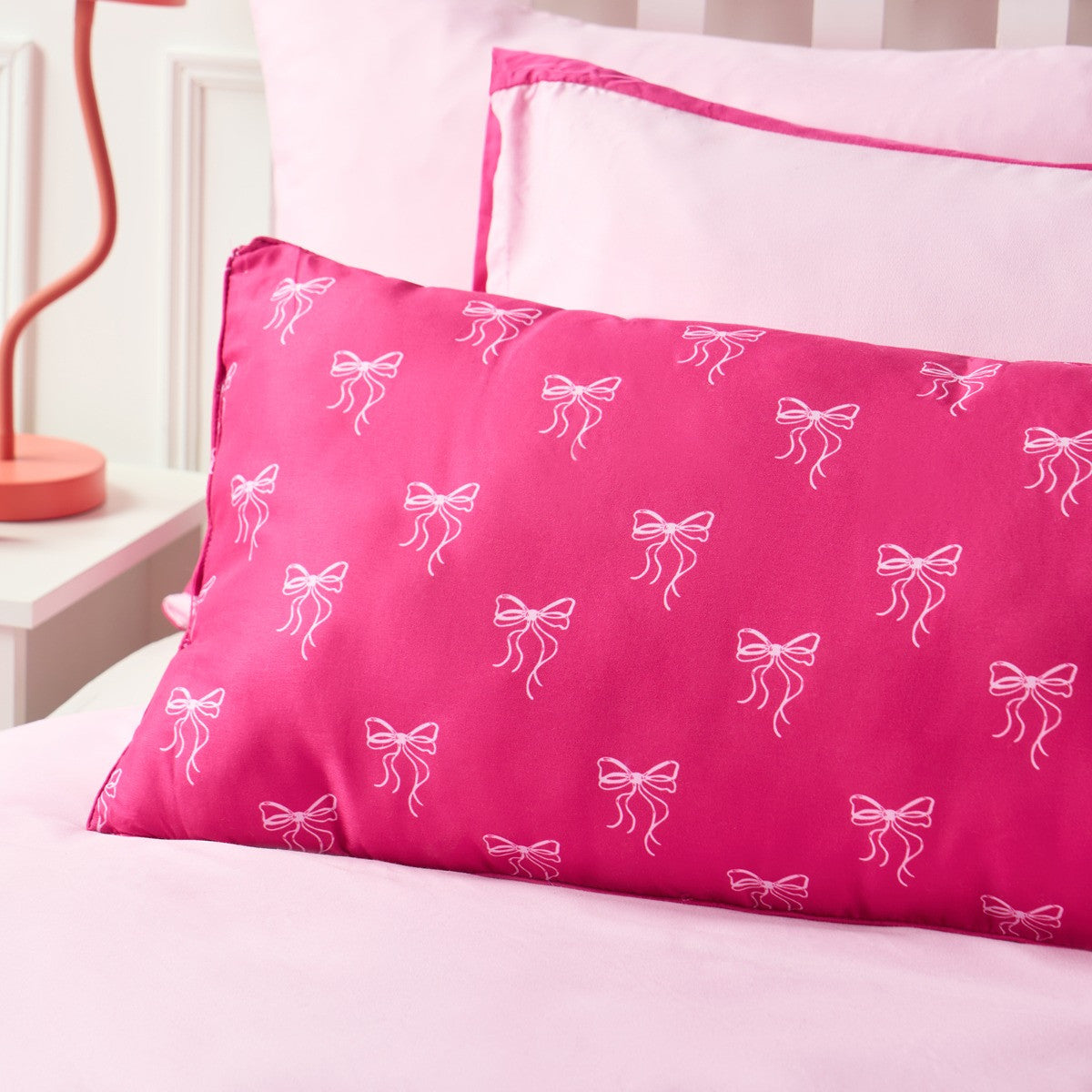 Kids Bow Print Bolster Pillow – Hot Pink