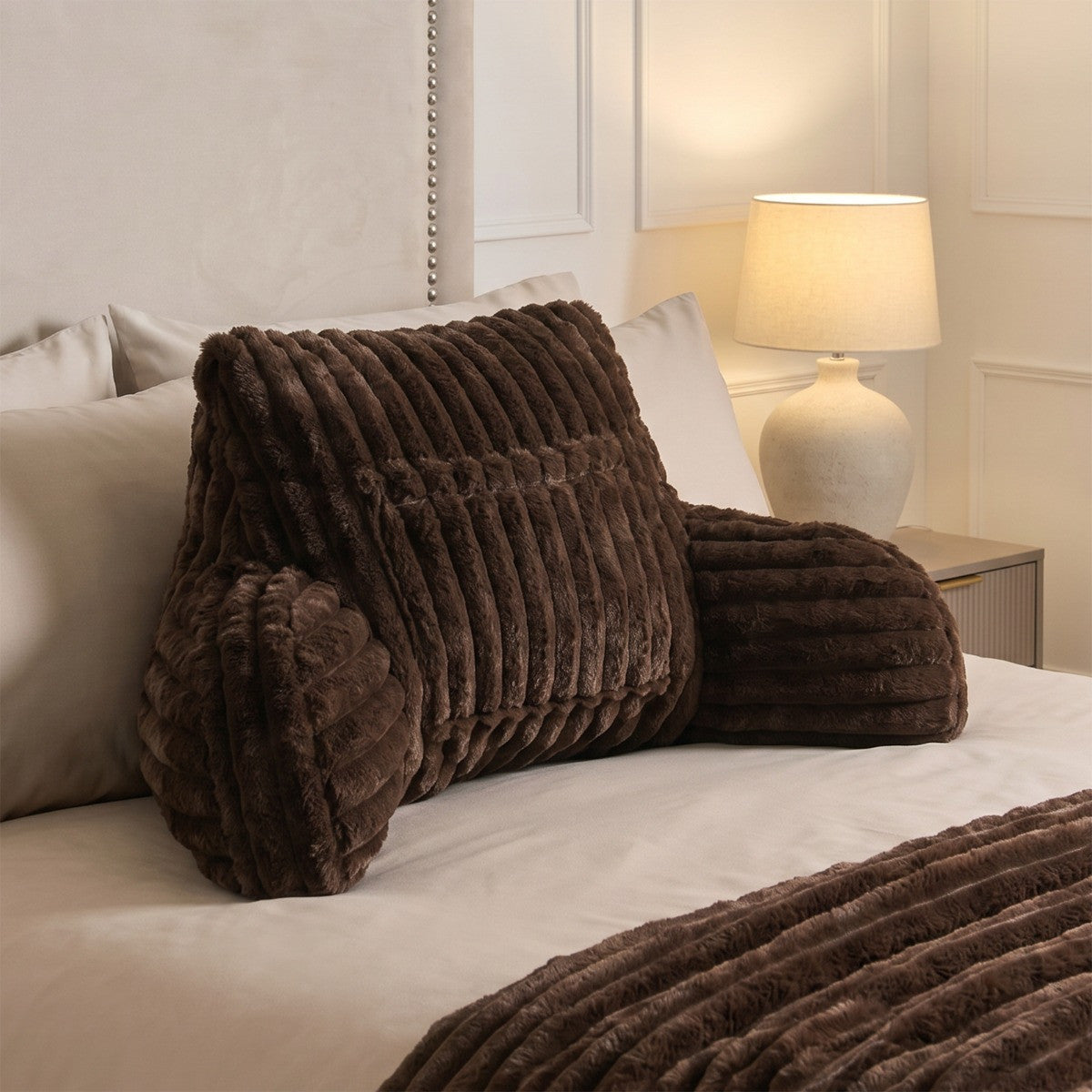 Ribbed Faux Fur Cuddle Cushion with Heatable Pocket – Coffee