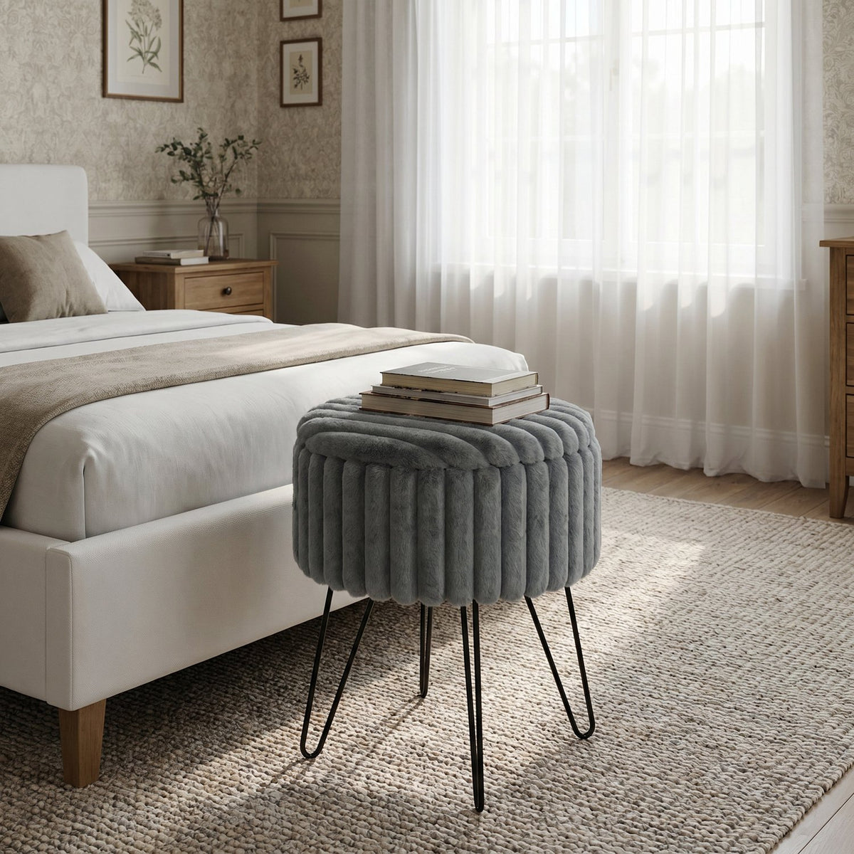 Elegant Ribbed Storage Stool With Hairpin Legs – Charcoal