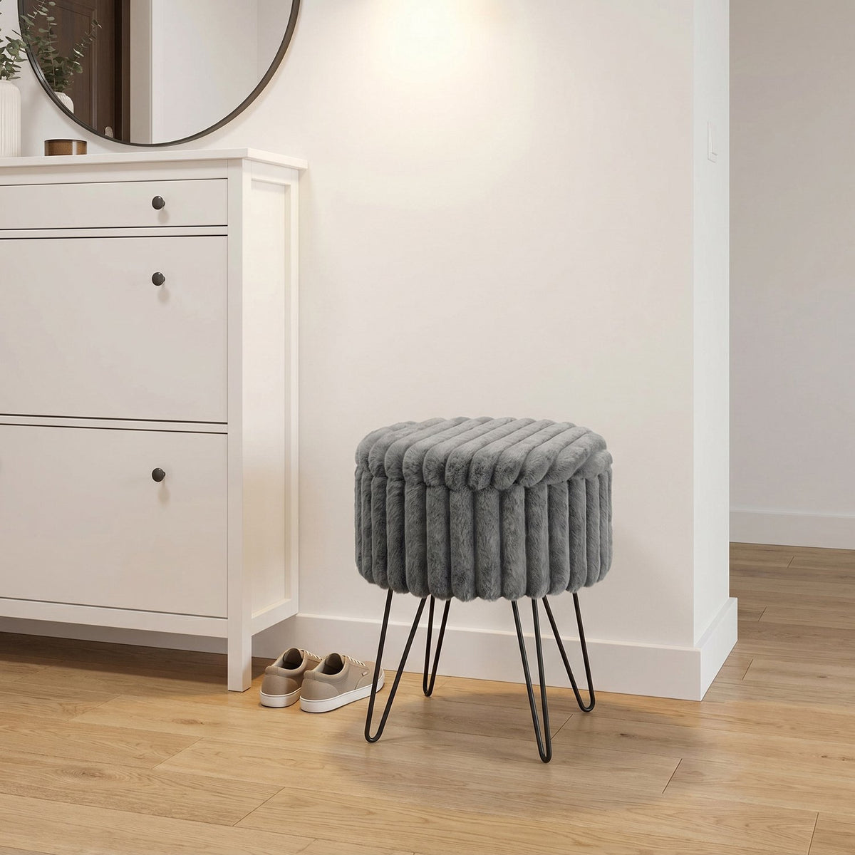 Elegant Ribbed Storage Stool With Hairpin Legs – Charcoal