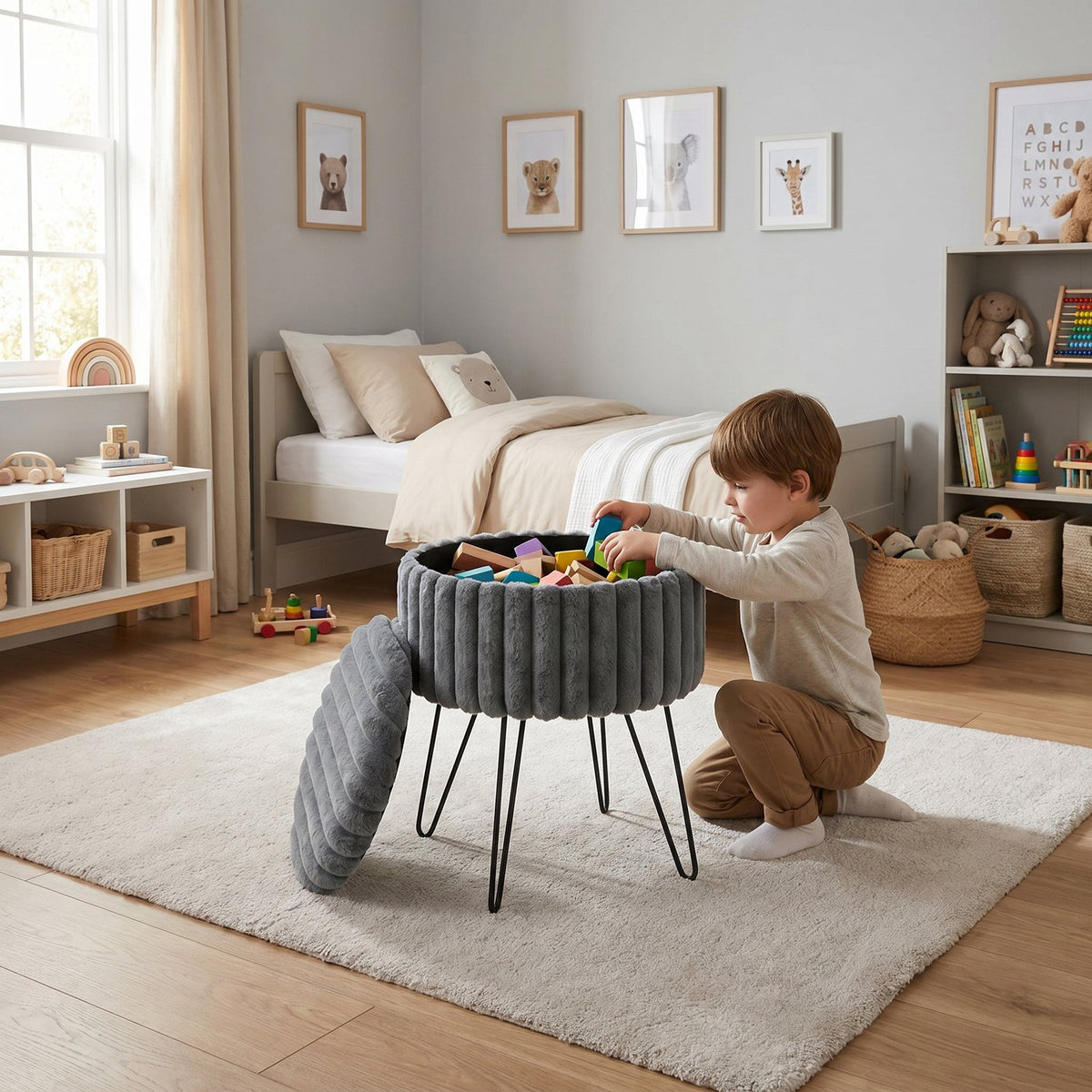 Elegant Ribbed Storage Stool With Hairpin Legs – Charcoal
